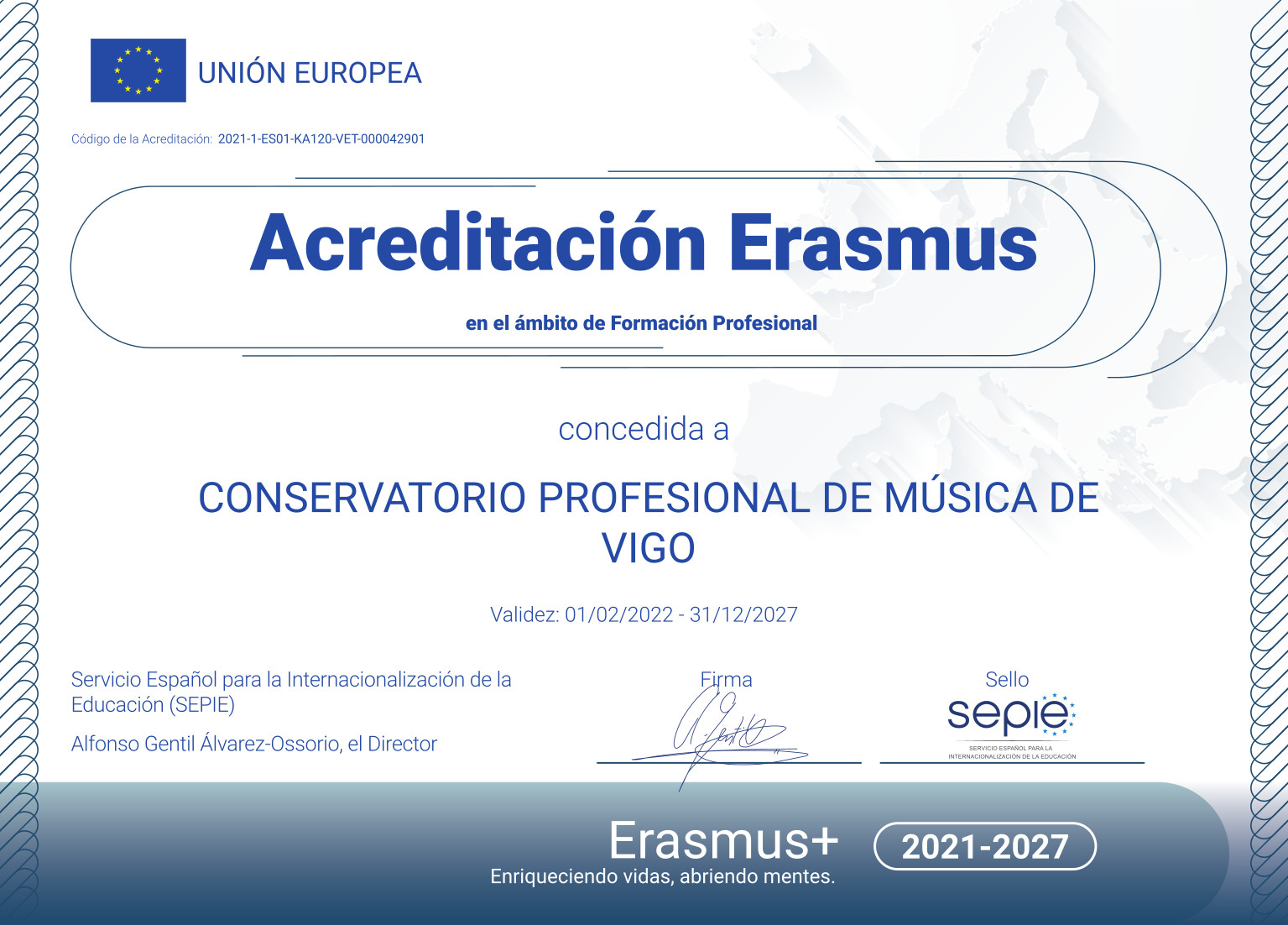 Certificado da acreditación Erasmus